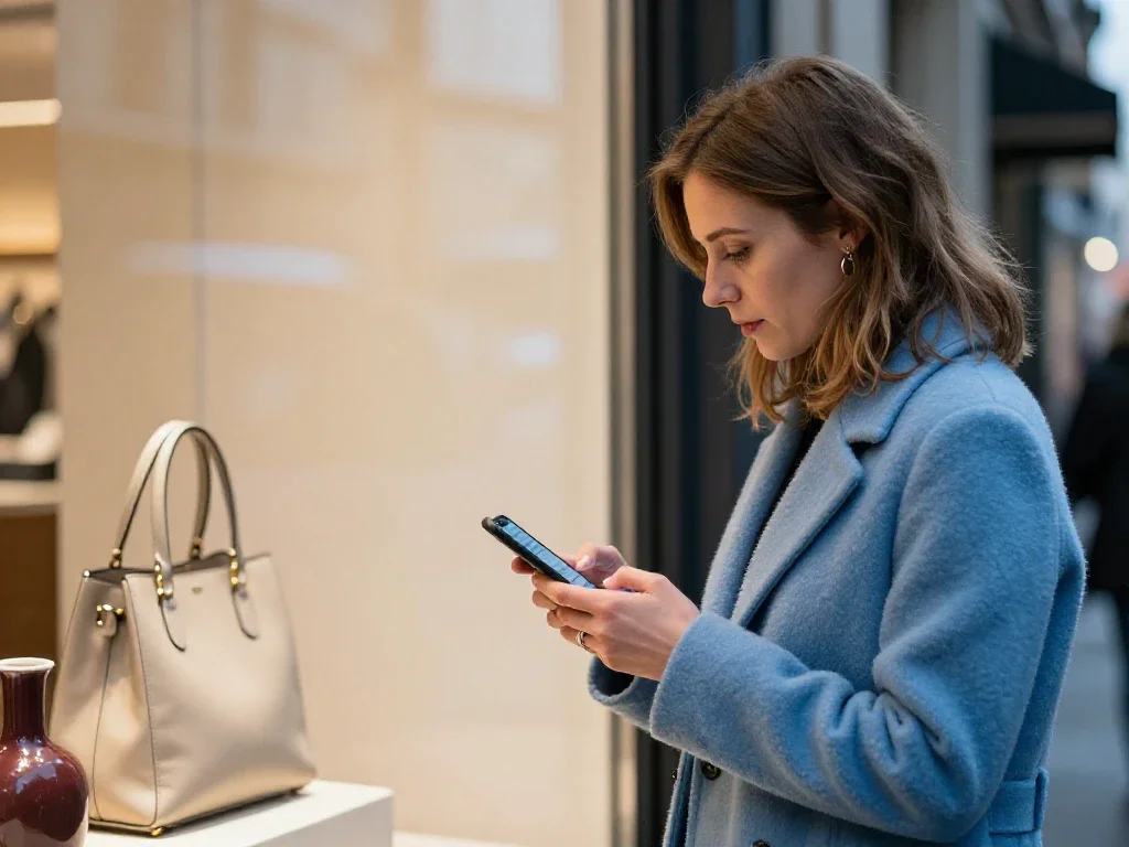 Une femme utilise son smartphone devant une boutique pour s'informer et mieux décider ses achats.