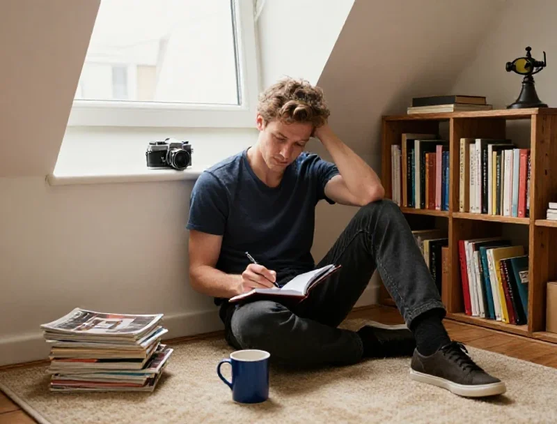 Un homme explore ses multiples centres d'intérêt dans un espace de travail créatif et éclectique.
