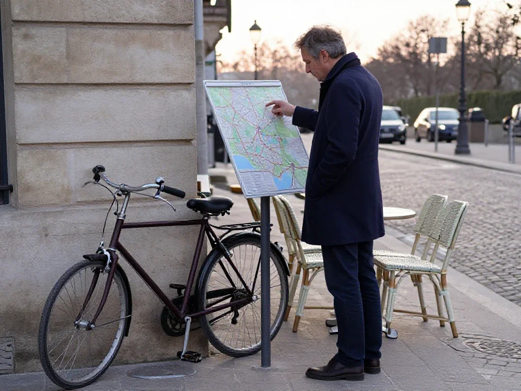 Un homme réfléchit devant un plan de ville à l'aube pour mieux s'orienter.