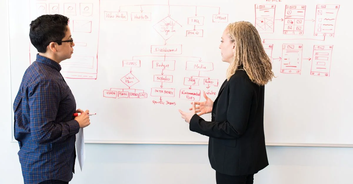 Deux professionnels réfléchissant à des idées de marketing numérique sur un tableau blanc.