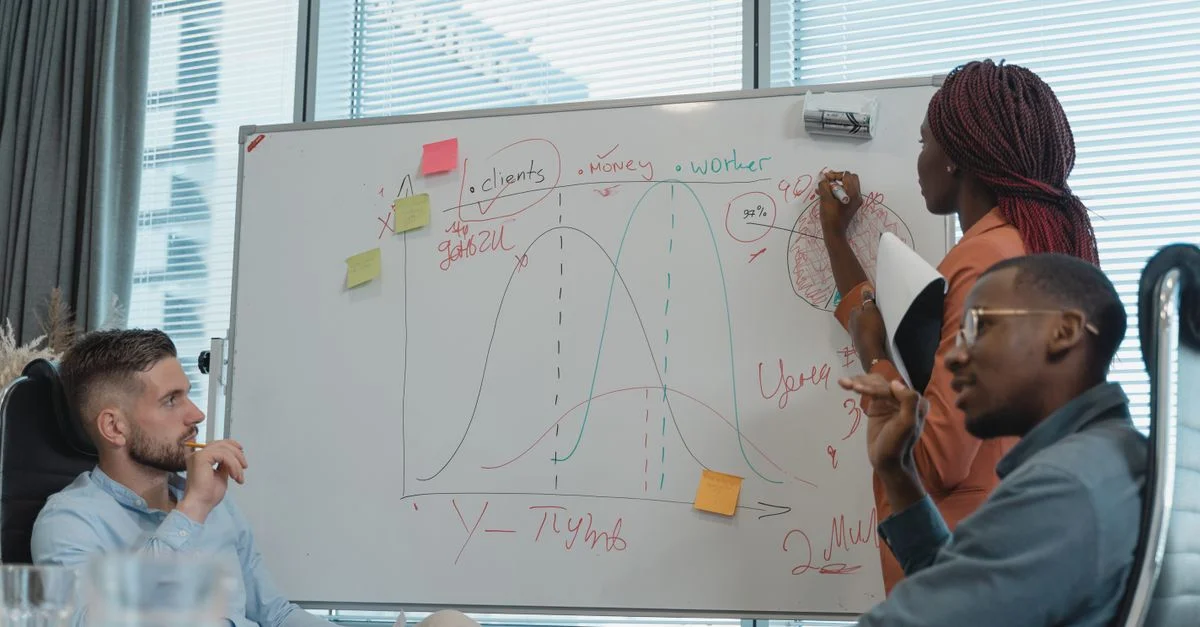 Une équipe diversifiée dans un bureau moderne collaborant sur une stratégie commerciale, utilisant un tableau blanc pour le brainstorming.