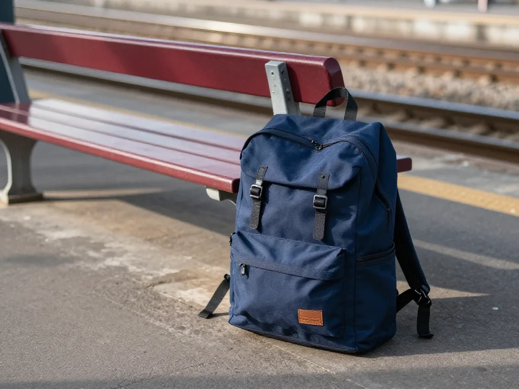 Sac à dos sur un quai de gare illustrant le départ et la prise de décision.